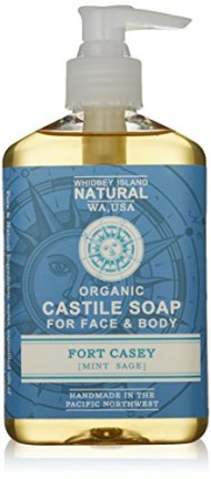 Whidbey Island Natural Organic Liquid Castile Soap – Fort Casey (Mint Sage) 8 fl oz. Fresh and energizing! Use beside the sink or in the shower. Gentle on the skin. Natural foam – No Sodium Lauryl Sulfate (SLS). No alcohol. Handmade in the Pacific Northwest, USA