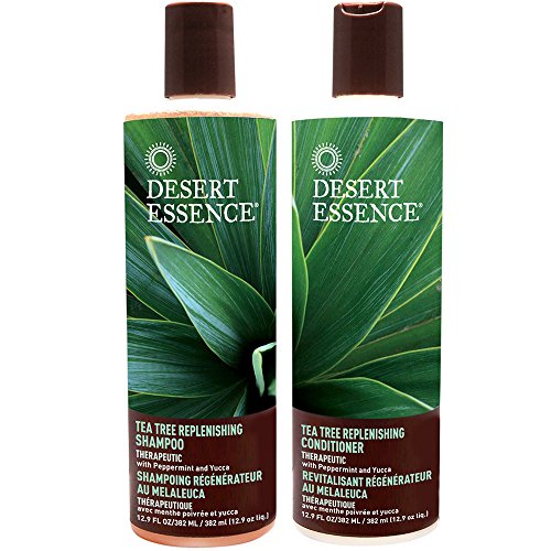 Desert Essence All Natural Organic Tea Tree Replenishing Shampoo and Conditioner For Dry Flaky Scalp With Aloe Vera, Eucalyptus, Peppermint Essential Oil, Keratin and Yucca, 12.9 fl. oz. each