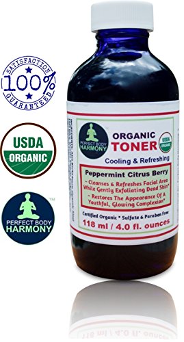 CERTIFIED ORGANIC Facial TONER, Cooling, Refreshing, Mildly Scented Peppermint Citrus Berry for Cleansing & Exfoliating! * 4.0 oz BLUE Glass Bottle * Sulfate & Paraben Free! * Buy It! LOVE IT!