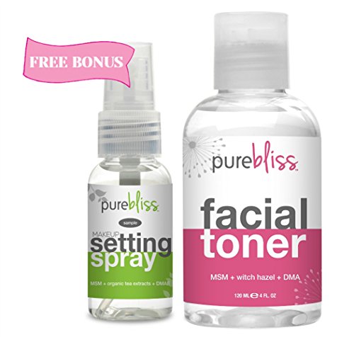 Witch Hazel Facial Toner by Pure Bliss – Infused with Skin Revitalizing and Pore Minimizing Natural Ingredients – MSM, DMAE, Organic Aloe, White Willow Bark and Tea Tree Oil – Free Trial Size Make Up Setting Spray with Hyaluronic Acid & Green Tea with Purchase