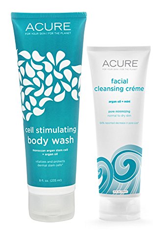 Acure Organics All Natural Argan Oil and Mint Face Wash Cleanser and Cell Stimulating Natural Body Wash Bundle
