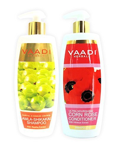 Amla with Shikakai and Reetha Shampoo and Corn Rose Conditioner – ★ Hair Fall and Damage Control Shampoo – ★ ALL Natural – ★ Paraben Free – ★ Sulfate Free – ★ Scalp Therapy – ★ Moisture Therapy – ★ Suitable for All Hair Types – Each Pack of 350ml – Each 11.8 Oz – Vaadi Herbals