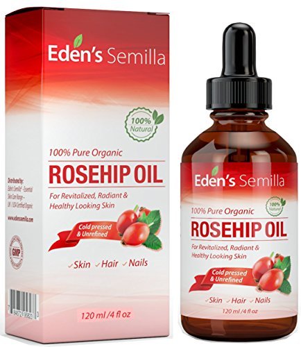100% Pure Rosehip Oil – 4 OZ – Certified ORGANIC – Cold pressed & unrefined – NON Greasy HIGH absorbency – Use daily – Anti ageing, nourishes, hydrates and visibly reduces fine lines, scars, stretch marks and skin pigmentations – Suitable for all skin types – Eden’s Semilla Essential Skin Care